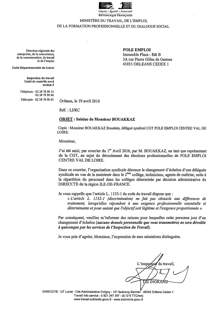 courrier inspecteur du travail